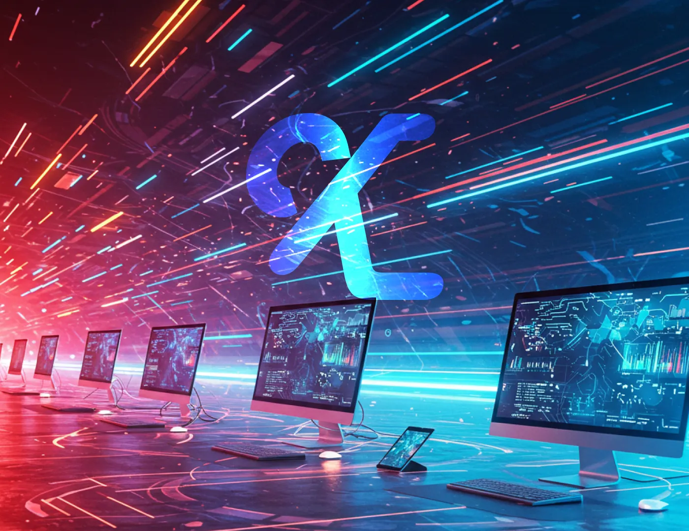 ネオンカラーとデジタルイメージが融合した背景にパソコンとスマートフォンが横に並んでいる