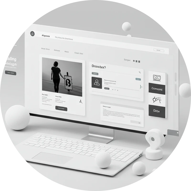 モダンなウェブデザインのUIを表示するPC画面。白とグレーのミニマルなデザインで、コメント機能や投稿一覧が見える